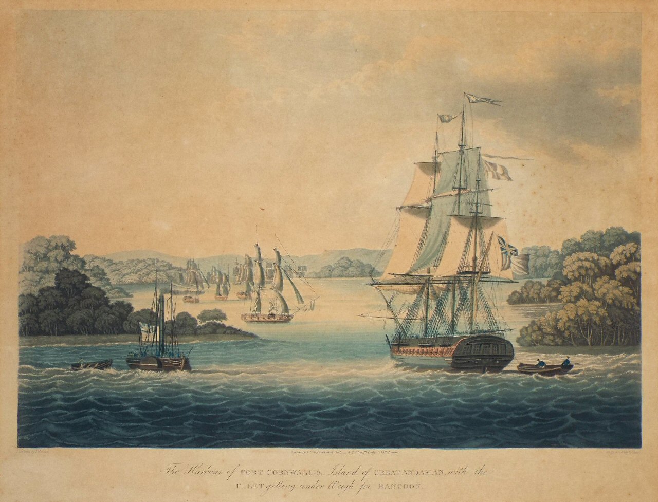 Aquatint - The Harbour of Port Cornwallis, Island of Great Andaman, with the Fleet getting under Weigh for Rangoon. - Hunt